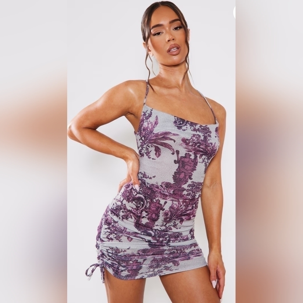 Pretty Little Thing Cowl Neck Ruched Side Criss Cross Back Renaissance Dress